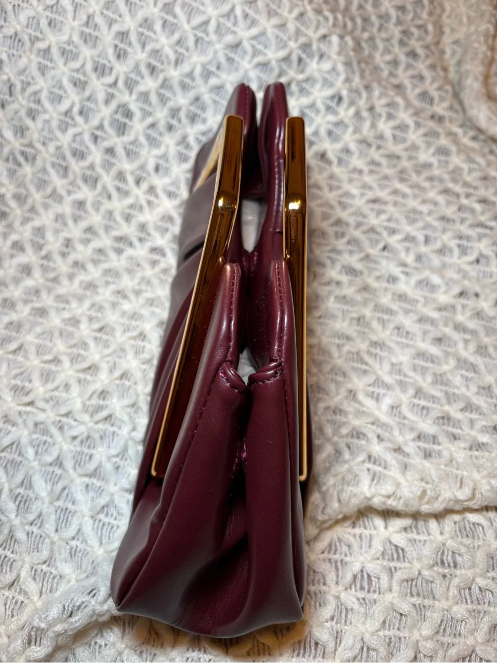 Structured Ruched Clutch in Deep Burgundy with Gold Frame